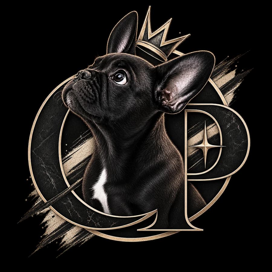 Illustrated portrait of Ozzy Pablo, a black French Bulldog puppy gazing upward, framed by the OP monogram and crowned.